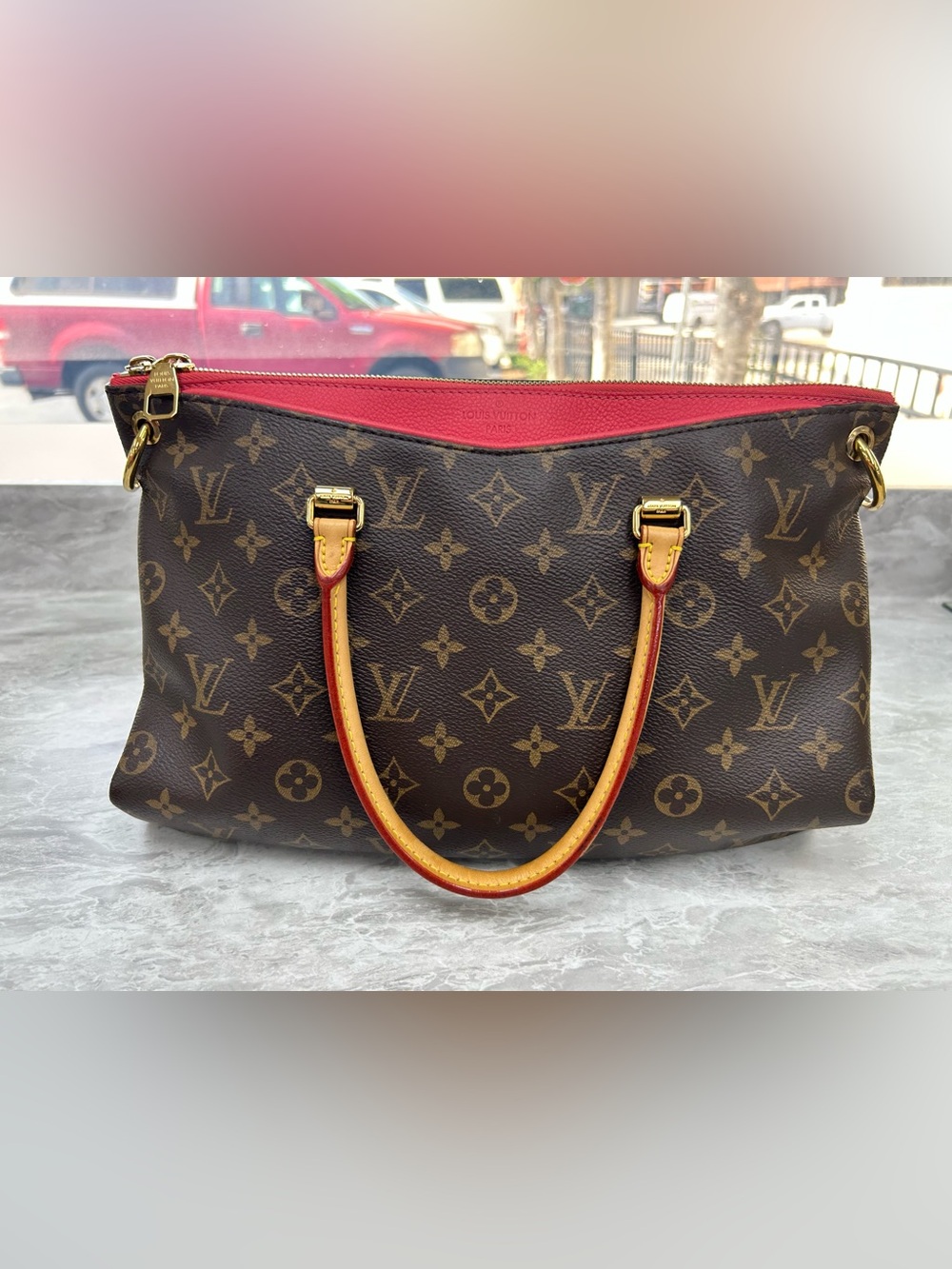 Authentic Louis Vuitton Monogram Canvas Pallas Handbag with Entrupy Certificate
